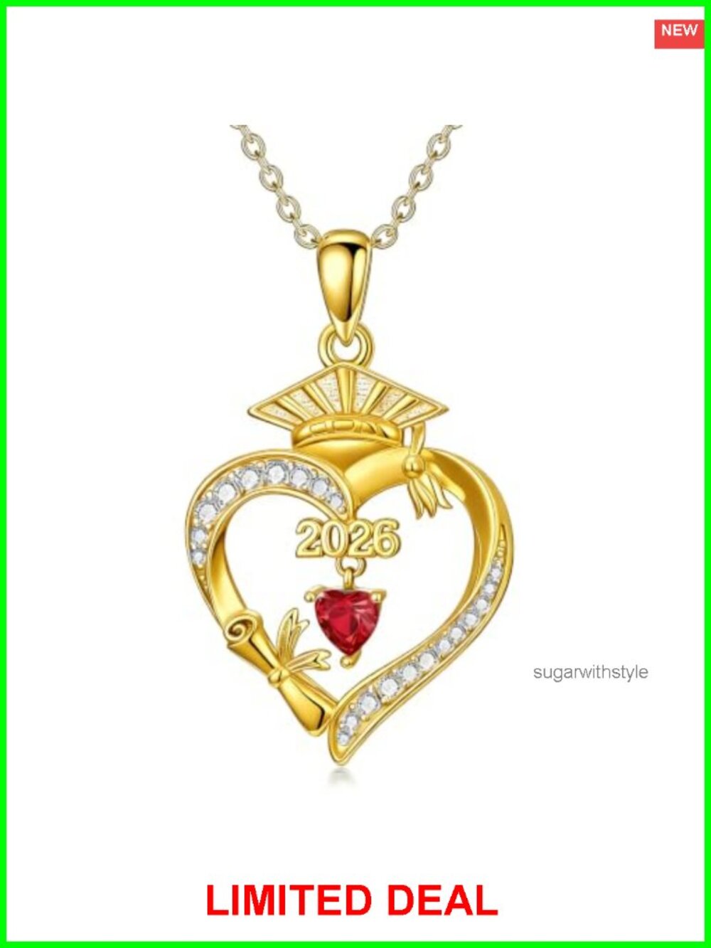 18K Gold Plated Heart Birthstone Graduation Necklace Cubic Zirconia Pendant